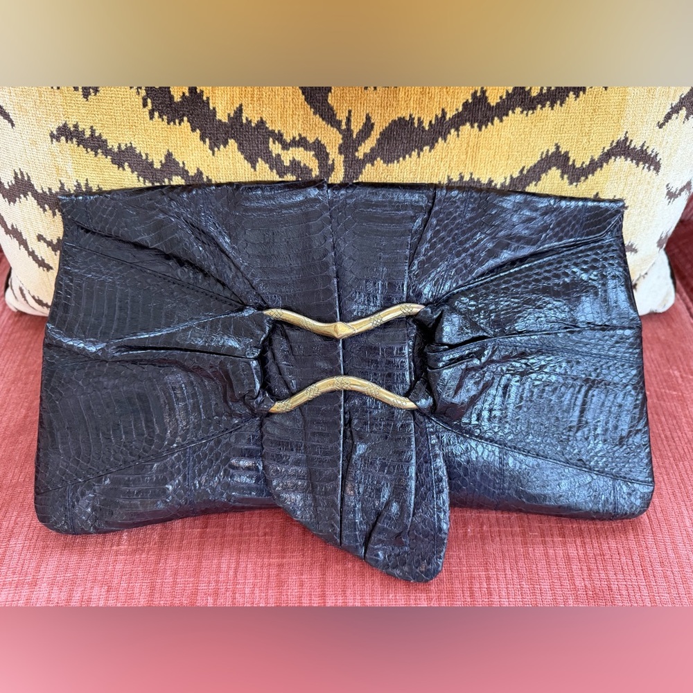 Vintage Lelya Dark Indigo Snakeskin Clutch with Brass Snake Closure